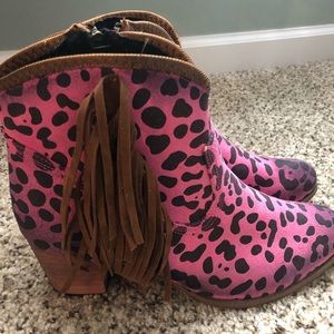 Pink leopard fringe booties (BNWOT)
